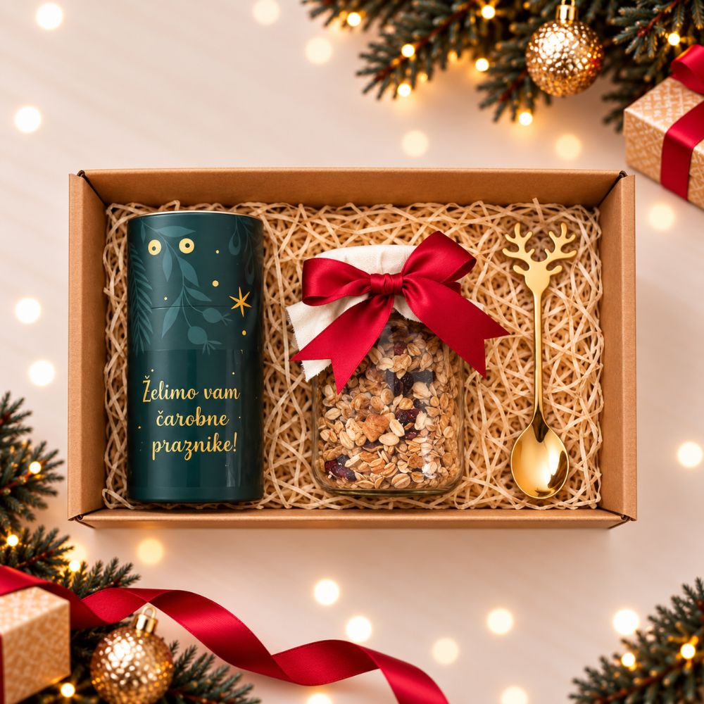 Personalizirani božični darilni paket midi s čajem, granolo in žličko Personalizirani božični darilni paket midi s čajem, granolo in žličko